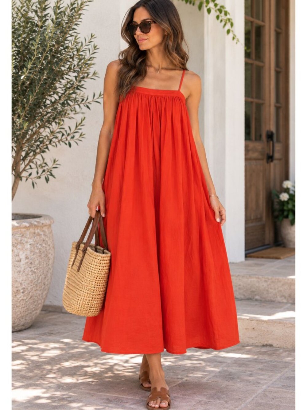 Rent the Runway-Adam Lippes Collective Orange Red Spaghetti Strap Maxi Dress M